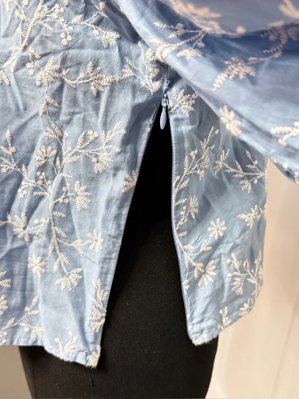 #12)  NWT LOFT Light Blue Embroidered Puff Sleeve Blouse With Side Zipper